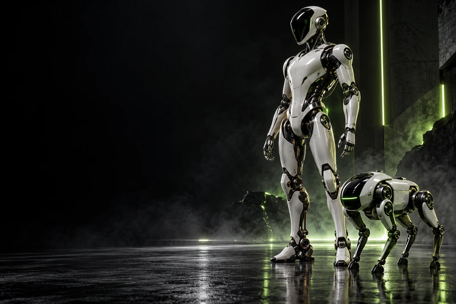 Conceptual humanoid and quadruped robots in a futuristic showroom